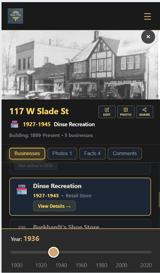 Historical business information with photos